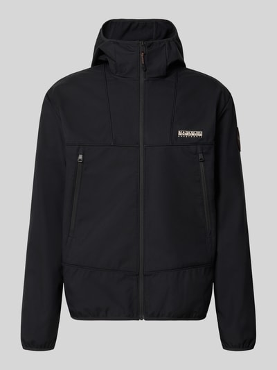 Produktfoto, Regular Fit Jacke mit Logo-Print von Napapijri in Schwarz mit Stehkragen, Reißverschluss und elastischen Abschlüssen, glatte Textur.