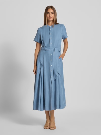 Polo Ralph Lauren Sukienka midi taliowana z mieszanki jedwabiu i lnu z dodatkiem bawełny Błękitny 4