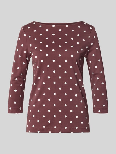 Produktfoto, Shirt aus reiner Baumwolle mit 3/4-Arm von Christian Berg Woman, taillierte Passform, rot mit weißen Punkten, U-Boot-Ausschnitt, Rückenlänge 60 cm bei Größe 36