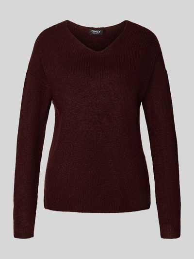 Only Regular Fit Strickpullover mit V-Ausschnitt Modell 'CAMILLA' Bordeaux 2