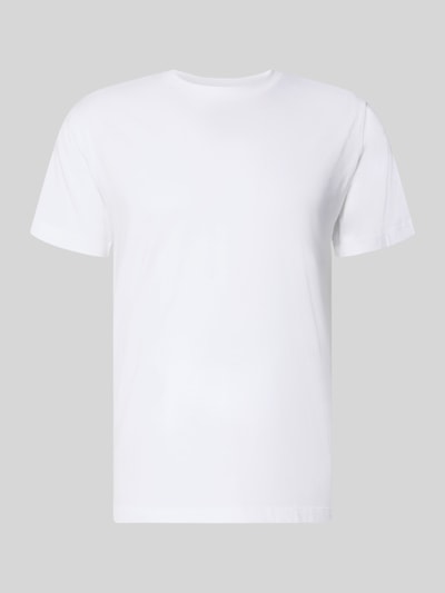Produktfoto, białe Slim Fit T-Shirt mit Rundhalsausschnitt von Fabletics, elastyczna mieszanka bawełny z modalem, krój slim fit, krótki rękaw, długość tyłu w rozmiarze M: 68 cm
