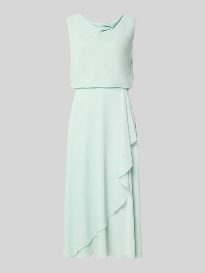 Produktfoto, Knielanges Cocktailkleid mit Wasserfall-Ausschnitt von Christian Berg Cocktail, miękki miętowy szyfon, krój taliowany, długość do kolan, szerokie ramiączka, dół z efektem kopertowym, z tyłu zapięcie na haczyk i zamek, długość pleców w rozmiarze 36: 120 cm, szerokość w rozmiarze 36: 45 cm