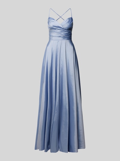 Produktfoto, Regular Fit Abendkleid mit gelegten Falten von Luxuar in Hellblau, Satin mit Spaghetti-Trägern und Schnürverschluss, glatte glänzende Oberfläche