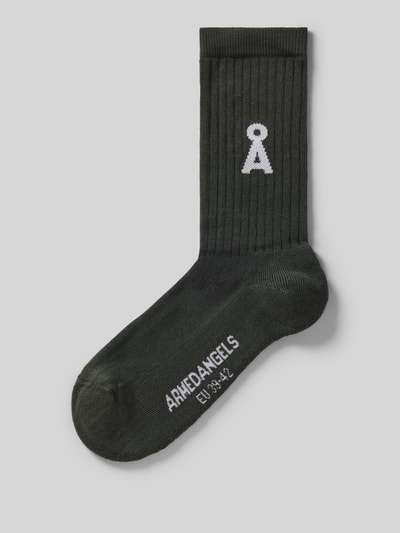 Productfoto, Sokken uit katoenmix model 'SAAMUS BOLD' van Armedangels, effen, labelapplicatie, logo detail, geribbelde boord, stretchmateriaal.