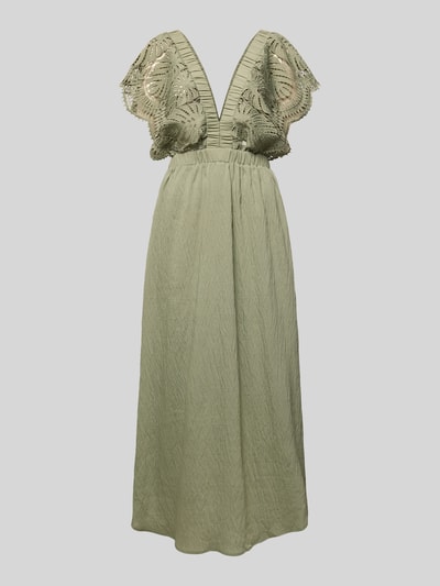 Produktfoto, lichtgroen dames midi-jurk van Copenhagen Muse, modalmix, getailleerde pasvorm, model 'Cole', opengewerkte borduursels, kapmouwen, semi-transparant design, ruglengte maat S: 112 cm