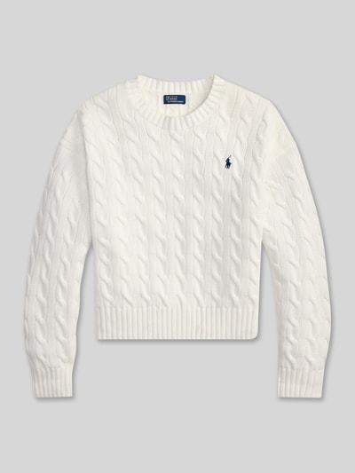 Produktfoto, Regular Fit Strickpullover aus reiner Baumwolle von Polo Ralph Lauren, biały, splot warkoczowy, logo, krój regular fit, długi rękaw, materiał: czysta bawełna, wykończenia prążkowane