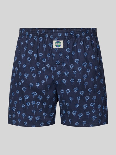Produktfoto, Boxershorts aus reiner Baumwolle Modell 'Palme' von Deal, dunkelblau mit Palmenmuster, gerader Schnitt, elastischer Bund, Label-Detail