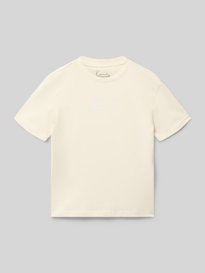 Produktfoto, Regular Fit T-Shirt mit Logo-Stitching von KARL KANI in Creme, reine Baumwolle, Rundhalsausschnitt, glatte Textur