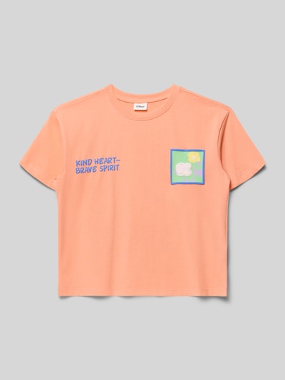 Produktfoto, Oversized T-Shirt aus reiner Baumwolle von s.Oliver RED LABEL, Kinder T-Shirt in Optik: Unifarben, Passform: Oversized, Applikation: Foto-Print, überschnittene Schultern, Ausschnitt: Rundhals, Ärmelform: Kurzarm, Materialverarbeitung: Jersey, Material: reine Baumwolle, apricotfarben mit blauem und grünem Foto-Print, glatte Textur