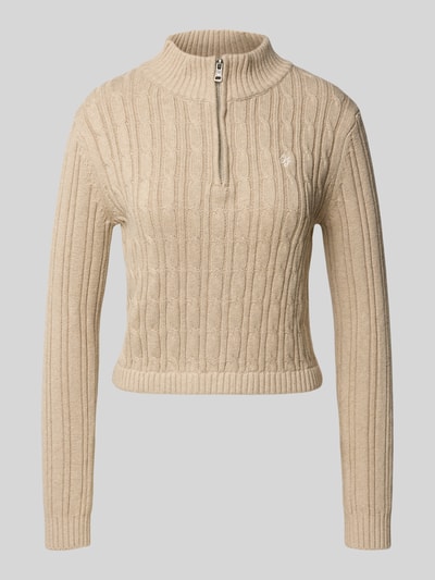 Guess Jeans Sweter z dzianiny ze ściegiem warkoczowym i stójką Camel 2