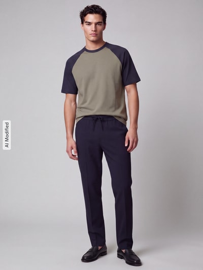 Męski model trägt Relaxed Fit T-Shirt aus reiner Baumwolle Modell 'HEATON' von ONLY, kolor oliwkowy i czarny, Ganzkörperansicht von vorne, Męski t-shirt von ONLY, KI-modifiziertes Bild