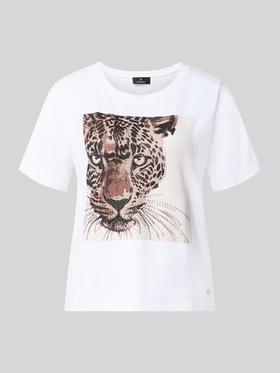 Produktfoto, T-Shirt mit Motiv-Print und Ziersteinbesatz von monari, Damen T-Shirt, Viskose-Elasthan-Mix, Regular-Fit, Rundhalsausschnitt, Rückenlänge bei Größe 36: 56 cm, weiß mit großem Leoparden-Motiv und funkelnden Details