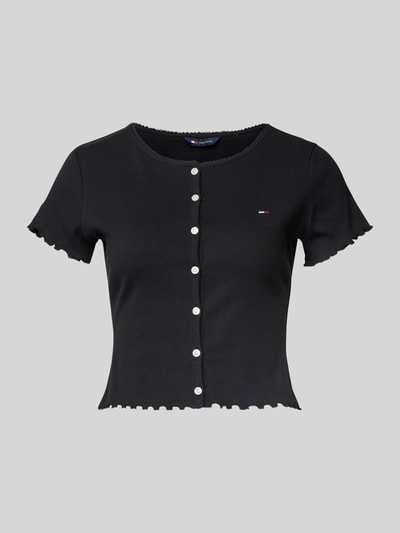 Produktfoto, Slim Fit T-Shirt aus Baumwoll-Mix von Tommy Jeans, czarny, jednolity, krój slim fit, logo, dekolt łódkowy, krótki rękaw, wykończenie frill, bawełniany miks, faktura prążkowana