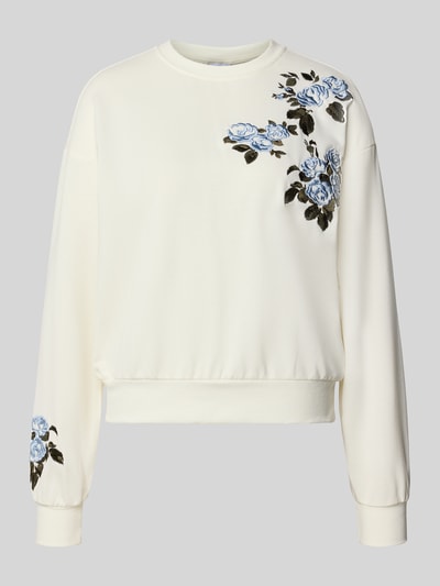 Produktfoto, cremefarbener Relaxed Fit Pullover aus Baumwoll-Mix Modell 'FLOW' von PIECES mit blauen Blumenprints, Damen Pullover.