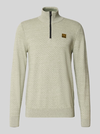 Produktfoto, Strickpullover mit Stehkragen von PME Legend in hellgrünem Baumwollstrick, Regular-Fit, Label-Detail, gerippte Abschlüsse, kurzer Reißverschluss