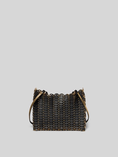 Produktfoto, Handtasche mit Paillettenbesatz von Rabanne, rechteckige Form, schwarzer Paillettenbesatz, goldfarbener Schulterriemen, Maße 23x17x3 cm, offenes Hauptfach.