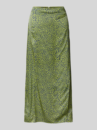 Produktfoto, Midirok uit viscosemix met zijde van Marc Cain, lichtgewicht A-lijn met all-over dierenprint, naadritssluiting, groen-geel