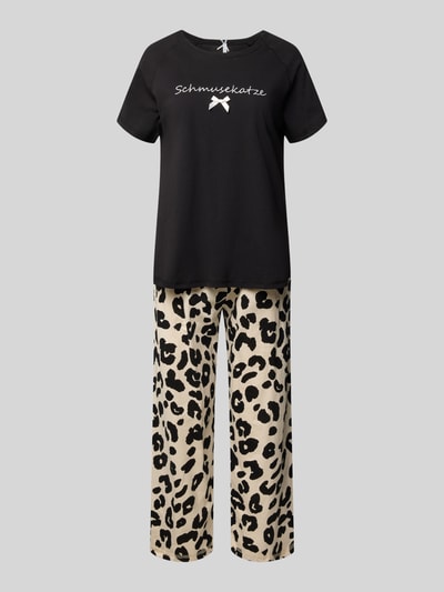 Produktfoto, Pyjama mit Stitching Modell 'Schmusekatze' von LOUIS & LOUISA aus Baumwolle, schwarz-beiges Leopardenmuster, Relaxed Fit, Schleifen-Applikation, elastischer Bund, Rundhalsausschnitt, Allover-Hose, Damen Pyjama