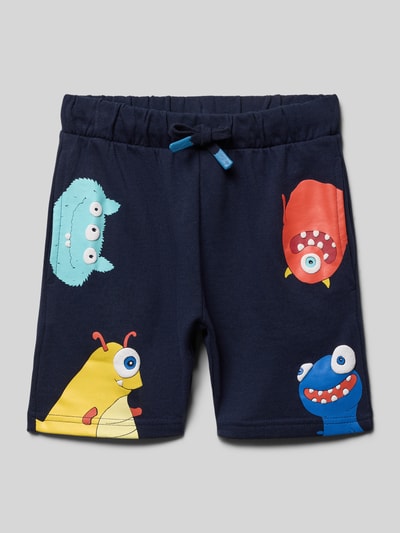 Produktfoto, Straight Fit Shorts mit Motiv-Print von Blue Seven aus Reine Baumwolle in Blau mit buntem Motiv-Print, Eingrifftaschen und Elastischer Bund mit Tunnelzug, Bundweite bei Größe 116: 28 cm, Innenbeinlänge bei Größe 116: 12 cm.