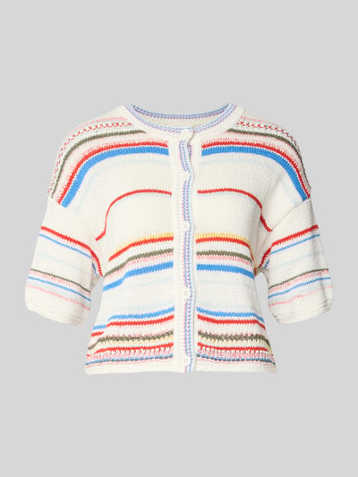 Produktfoto, Strickjacke aus Baumwoll-Mix mit 1/2-Arm von Oui, Regular-Fit, Allover-Look mit Rundhalsausschnitt, Knopfleiste, mehrfarbige Streifen