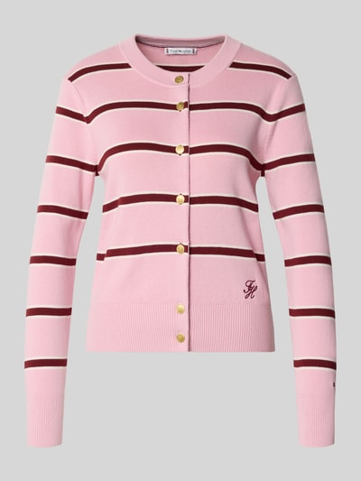 Produktfoto, Regular Fit Strickjacke aus reiner Baumwolle von Tommy Hilfiger, różowy sweter w paski, logo, krój regular fit, cienka bawełna