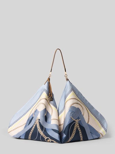 Produktfoto, Handtasche mit Tragehenkel Modell 'FOULARD' von Liu Jo White aus Satin, Hauptfach mit Reißverschluss, Label-Applikation, Tragehenkel, Taschenanhänger, Breite 70 cm, Länge 40 cm, Tiefe 5 cm, Schulterriemen 38 cm, abstraktes Muster in Blau, Creme und Goldtönen, weiche Satin-Optik