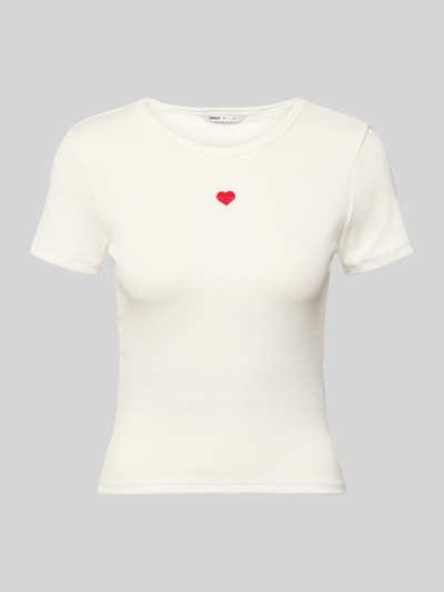 Produktfoto, Slim Fit T-Shirt mit Herz-Stickerei Modell 'ELVA JUNE' von Only, Damen T-Shirt in Optik: Unifarben, Rundhals, kurzarm, Materialverarbeitung: Ripp