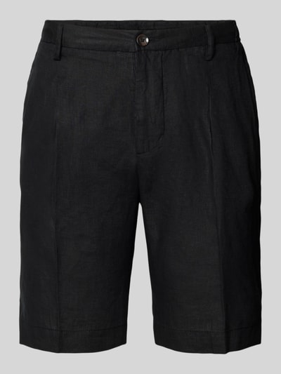 Produktfoto, Shorts aus Leinen mit Eingrifftaschen von MARKUP, czarny kolor, krój straight fit, francuskie kieszenie, szerokość w rozmiarze 50: 22 cm, długość wewnętrzna nogawki w rozmiarze 50: 34 cm, tekstura lnu