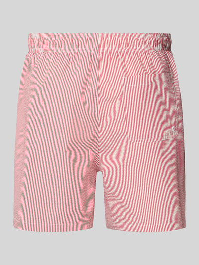Produktfoto, Badehose mit Baumwoll-Anteil Modell 'COOPER' von SELECTED HOMME mit Optik: Allover-Muster, gestreift, Gesäßtasche, Eingrifftaschen, elastischer Bundabschluss mit Tunnelzug, rote und weiße Streifen, glatte Textur