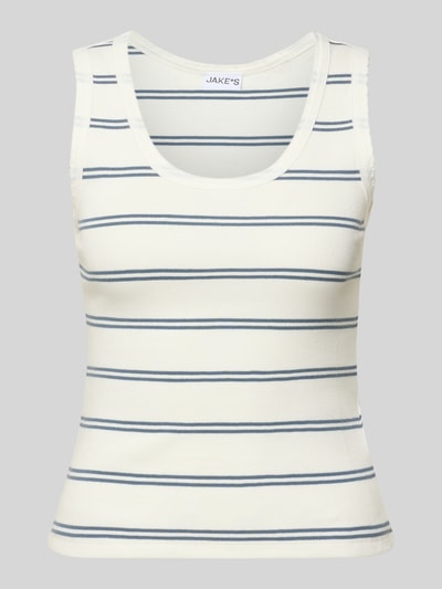 Produktfoto, Tanktop mit Feinripp und Rundhalsausschnitt von Jake*s Casual aus Baumwoll-Mix mit Stretch-Anteil, körpernaher Schnitt, Wellensaum, cremefarben mit blauen Streifen