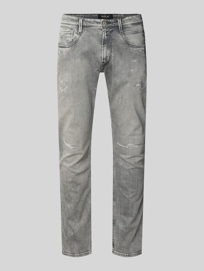 Produktfoto, Slim Fit Jeans im Used-Look Modell 'Anbass' von Replay aus elastischem Baumwoll-Mix in Grau mit 5-Pocket-Design und Knopf-Reißverschluss.