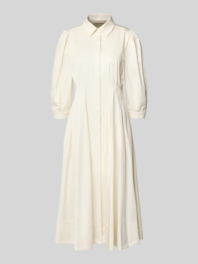 Produktfoto, Cocktailkleid mit verdeckter Knopfleiste und 3/4-Arm von Christian Berg Cocktail aus Satin, Taillierter Schnitt, Midikleid, Hemdblusenkragen, Rückenlänge 116 cm, Brustweite 40 cm, Ärmellänge 46 cm, in Creme mit glatter Satin-Haptik und sanften Falten.