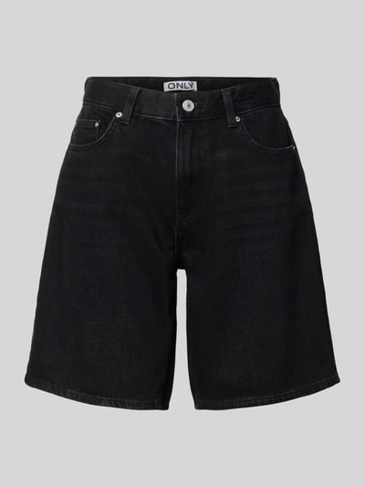 Produktfoto, Regular Fit Jeansshorts aus reiner Baumwolle Modell 'LUMI' von Only in schwarzer Denim-Optik mit Label-Patch, 5-Pocket-Design, Bindegürtel, Knopf und verdecktem Reißverschluss.