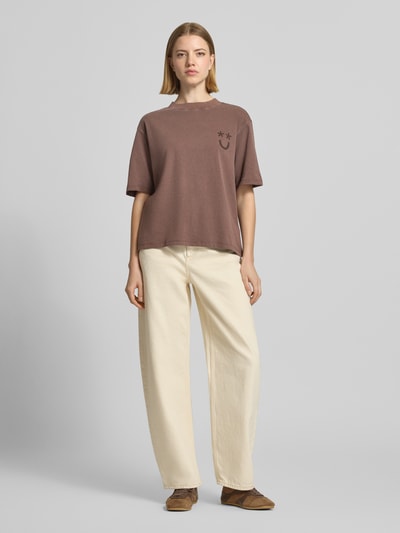 Jake*s Casual T-shirt motiefprint en ronde hals Donkerbruin - 1
