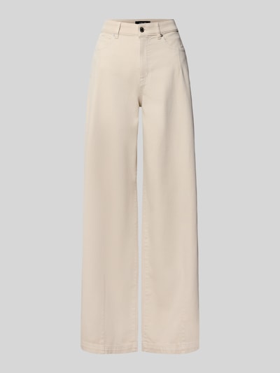 Produktfoto, High Waist Wide Fit Jeans mit Wpuszczane kieszenie von Marc Cain, mieszanka bawełny i elastanu, krój wide fit, wysoki stan, zapięcie na guzik i zamek błyskawiczny, szerokość w rozmiarze 36: 36 cm, długość wewnętrzna nogawki w rozmiarze 36: 82 cm, kolor jasny beż, gładka faktura