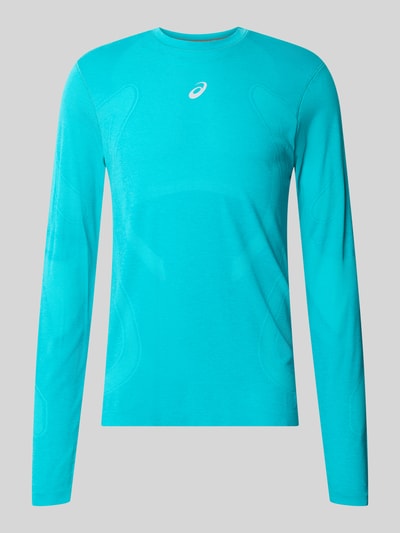 Produktfoto, Longsleeve mit Logo-Print und Rundhalsausschnitt von ASICS in Türkis, gerader Schnitt, glatte Oberfläche, Modell ROAD SEAMLESS, Rückenlänge 70 cm bei Größe M