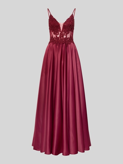 Produktfoto, Sukienka wieczorowa 'Abendkleid mit floralem Zierbesatz' od Mascara w kolorze bordo, taliowany krój, cienkie ramiączka, dekolt w kształcie serca, ozdobne obszycie z kamieniami, góra półprzezroczysta, spódnica z satyny, wszyty zamek błyskawiczny, długość do ziemi, długość tyłu w rozmiarze 36: 152 cm, szerokość klatki piersiowej w rozmiarze 36: 34 cm