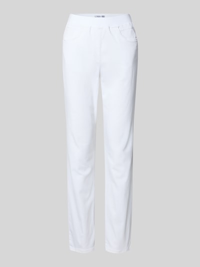 Produktfoto, weiße Straight Fit Jeans mit Lyocell-Anteil Modell 'Pamina' von Raphaela By Brax, elastischer Bund, Eingriff- und Gesäßtaschen, glatte Oberfläche, Damen Jeans, Baumwoll-Lyocell-Anteil, Bundweite 36 cm, Innenbeinlänge 77 cm