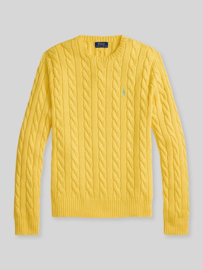 Produktfoto, Regular Fit Strickpullover aus reiner Baumwolle von Polo Ralph Lauren, żółty, wzór warkoczowy, dzianinowa faktura, okrągły dekolt, długie rękawy, ściągacze, krój regular fit, bawełna, logo na piersi