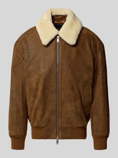BOSS Orange Regular fit leren jack met afneembare kraag van lamsvacht, model 'JONIER' Chocoladebruin - 2