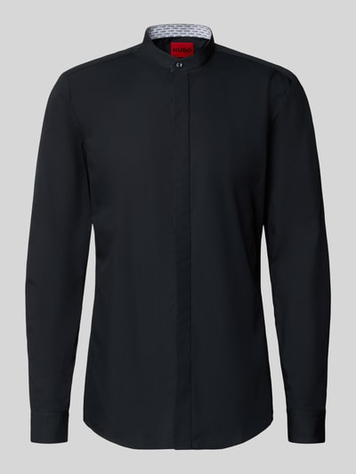 Produktfoto, czarna koszula Slim Fit Businesshemd aus reiner Baumwolle Modell 'KALEB' od HUGO, gładka tkanina, długi rękaw, stójka