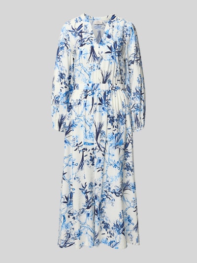 Produktfoto, Midikleid aus Viskose-Mix im Allover-Look von ROBE LÉGÈRE, blau-weißes florales Muster, A-Linie, V-Ausschnitt, lange Ärmel