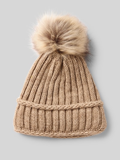 Kurt Beines Strickmütze mit Woll-Anteil und Bommel Taupe 1