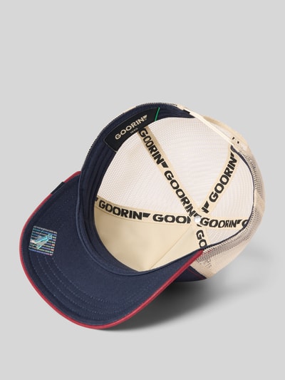 Produktfoto, Größenverstellbare Trucker Cap Modell 'Rooster' von GOORIN BROS. mit beige-blauem Material-Mix, Mesh und Stitching.
