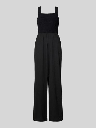 Produktfoto, Regular Fit Jumpsuit mit gesmoktem Rumpf Modell 'ELISE' von Only, unifarben, Karree-Ausschnitt, breite Träger, ohne Ärmel, Eingrifftaschen, glatte Textur, gerade Schnittform, schwarze Farbe.