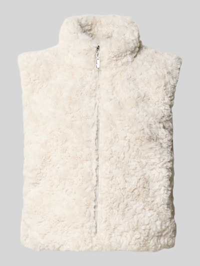 Produktfoto, Regular Fit Weste aus Kunstfell mit Stehkragen von monari, cremefarben, weiche Textur, sichtbarer Reißverschluss, neutraler Hintergrund