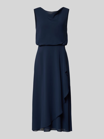 Produktfoto, Knielanges Cocktailkleid mit Wasserfall-Ausschnitt von Christian Berg Cocktail in Dunkelblau, Chiffon, taillierter Schnitt, breite Träger, Saum in Wickeloptik, rückseitiger Haken- und Reißverschluss, strukturierte Textur.