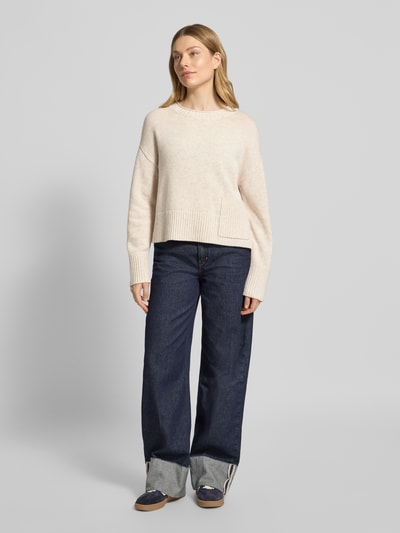 Oui Sweter wełniany z okrągłym dekoltem Beżowy melanż 1