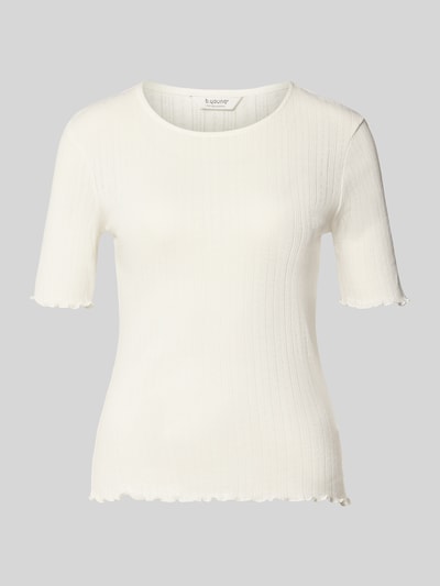 Produktfoto, t-shirt met golvende zoom en ronde hals Model 'UNICA' van b.young, puur katoen, slim fit, riblook, ruglengte maat S 50 cm, wit