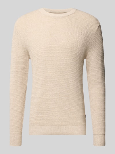 Produktfoto, Strickpullover aus reiner Baumwolle Modell 'Ryder' von JACK & JONES in Beige, Slim Fit, rundhals, gerippte Abschlüsse, Strick-Optik